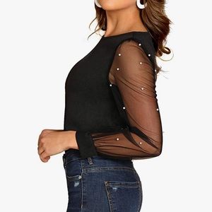 Pearl Sheer Mesh Long Sleeve Blouse - XS